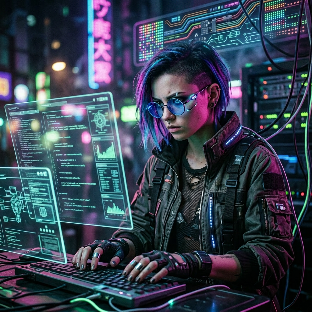 Person with dyed hair and blue glasses typing on a keyboard with holographic computer screens in a neon city